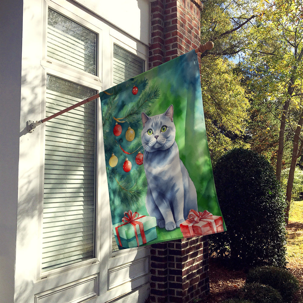 British Shorthair Cat By the Christmas Tree House Flag