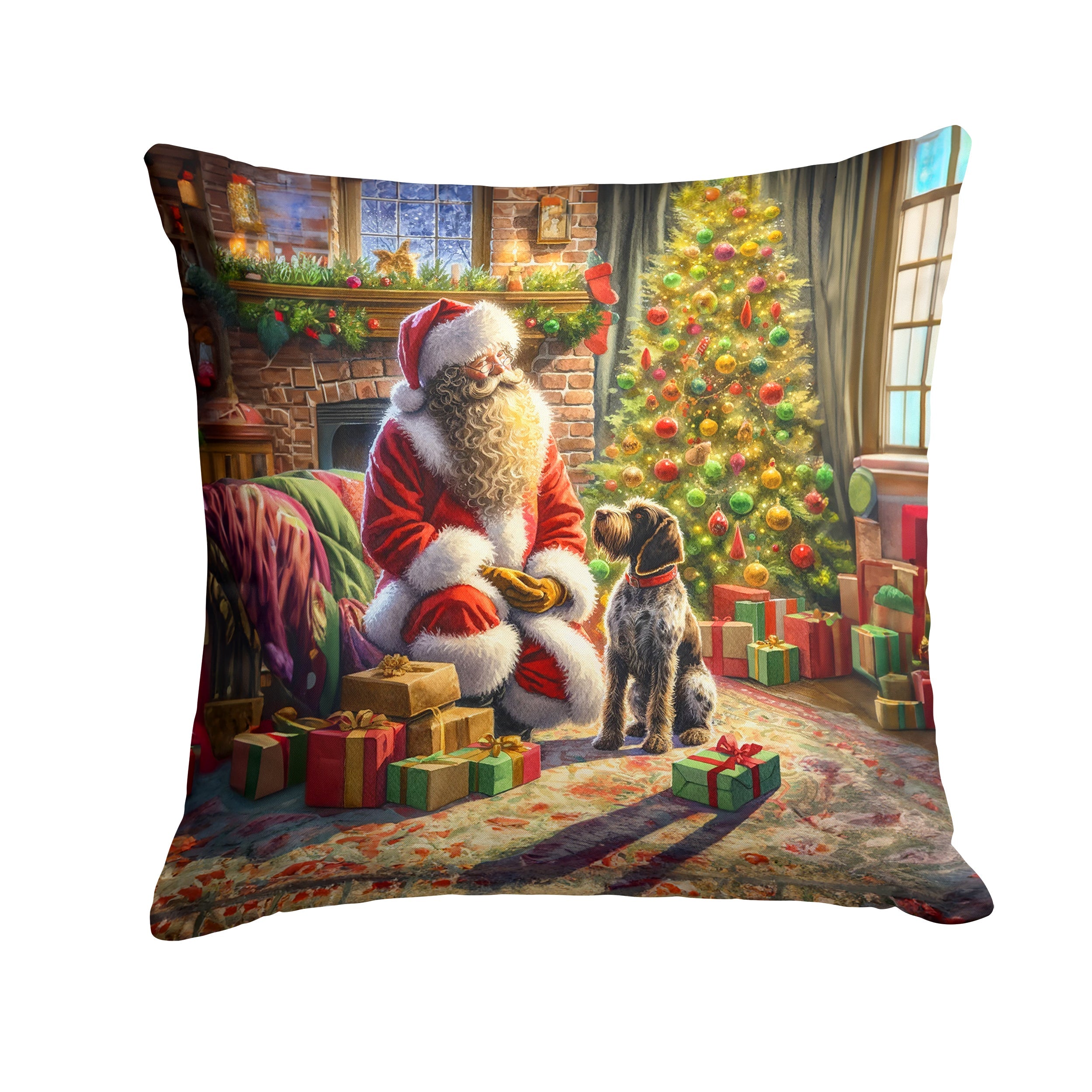 Wirehaired Pointing Griffon and Santa Claus Throw Pillow