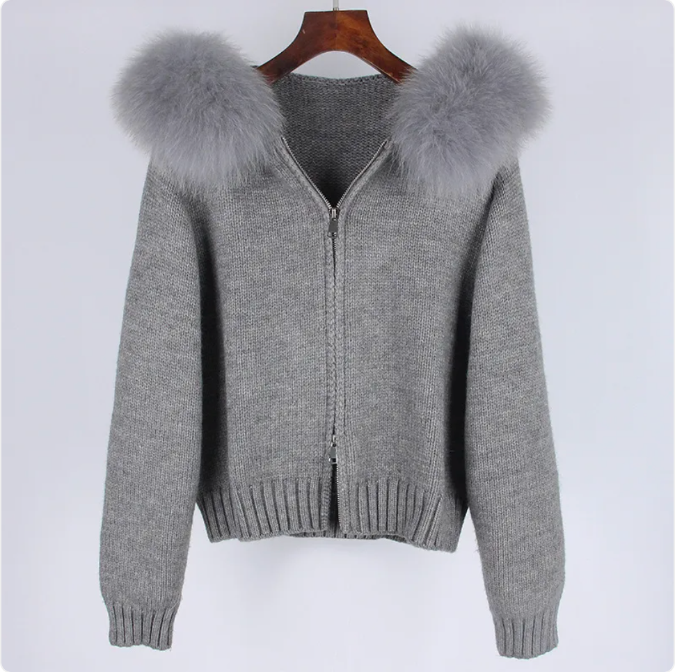 Hooded Sweater with Real Fox Fur Collar