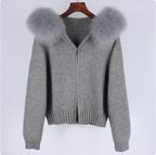 Hooded Sweater with Real Fox Fur Collar