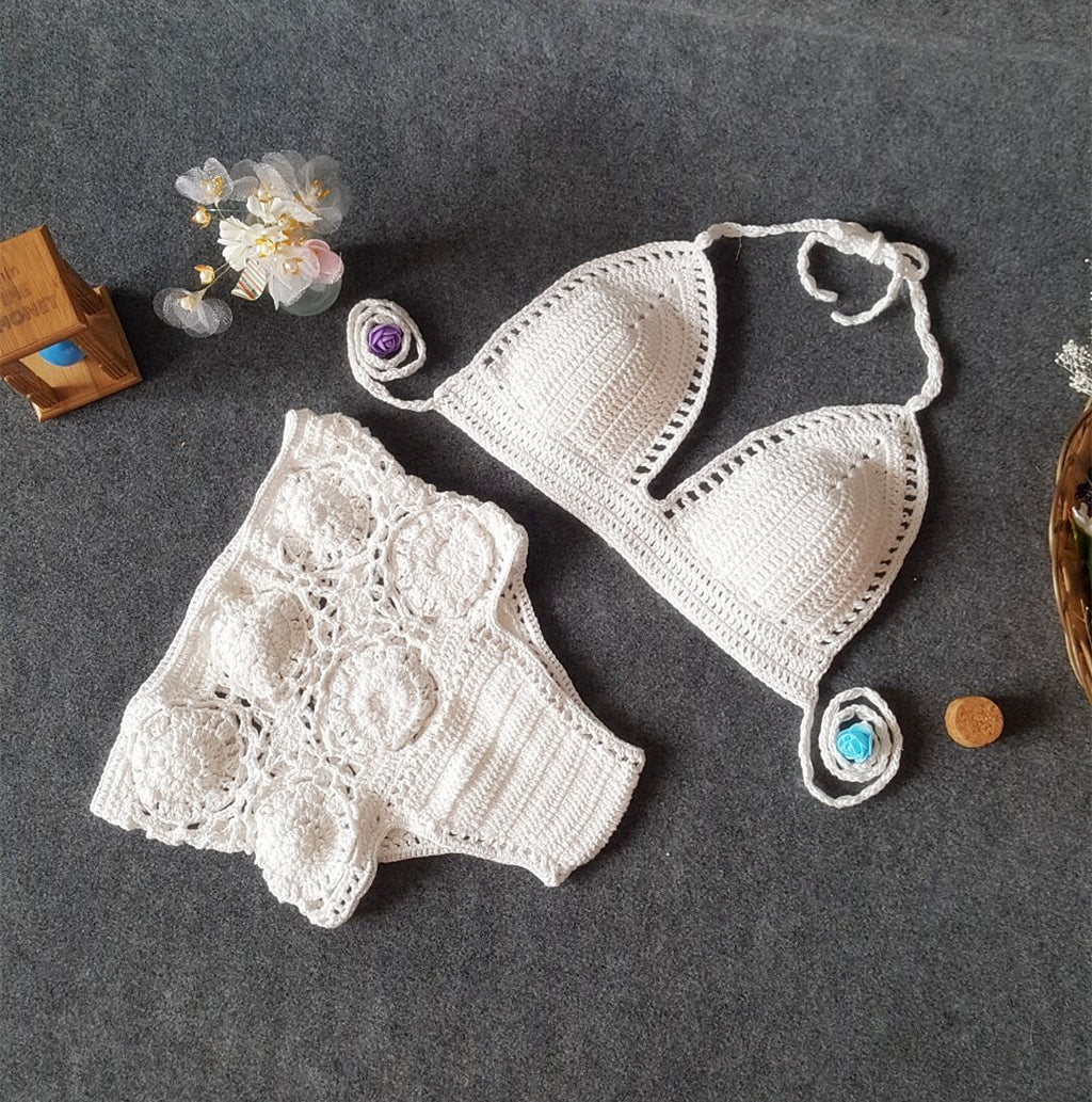 High-Waisted Solid Color Crochet Bikini Set