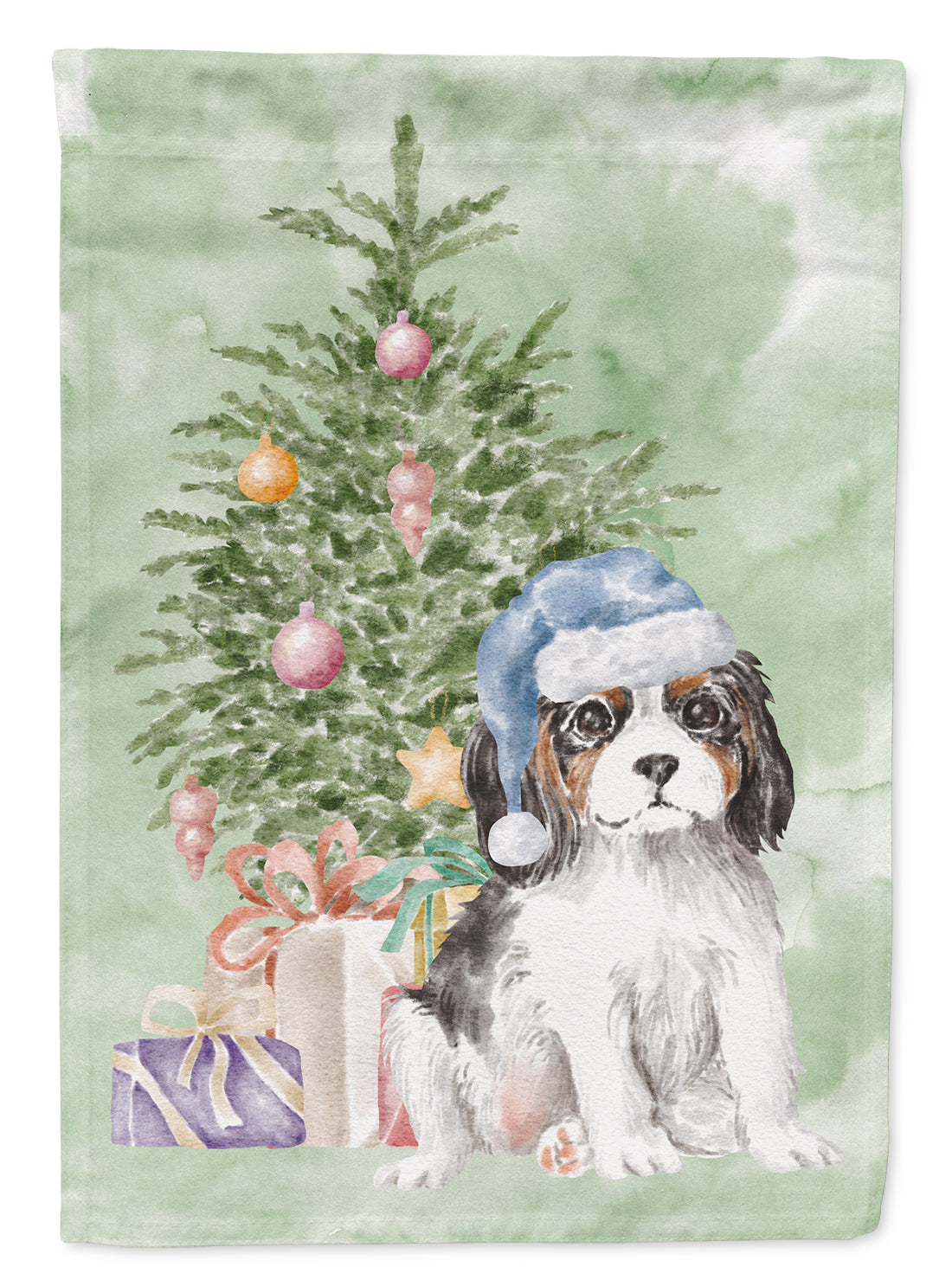 Cavalier Spaniel Tricolor Puppy Christmas Presents and Tree Garden Flag