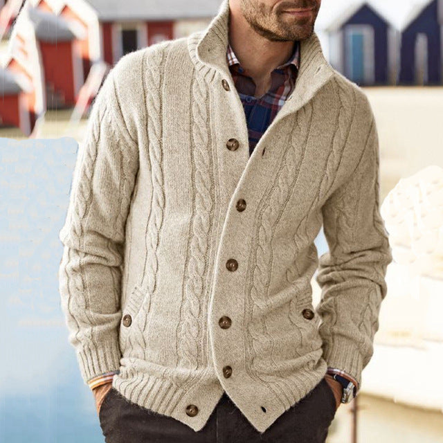 New Men's Lapel Cardigan Long Sleeve Jacquard Sweater