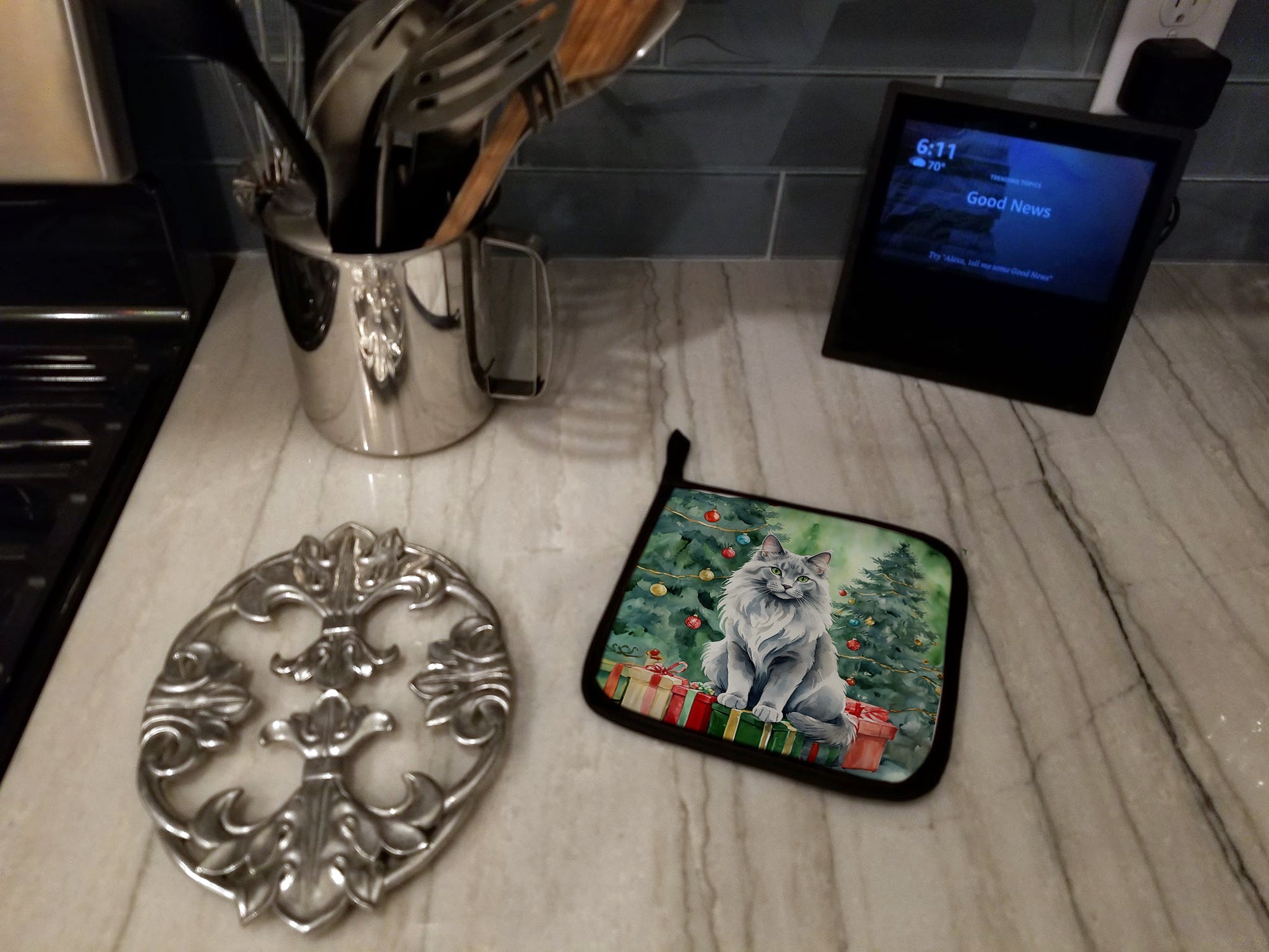 Nebelung Cat By the Christmas Tree Pair of Pot Holders