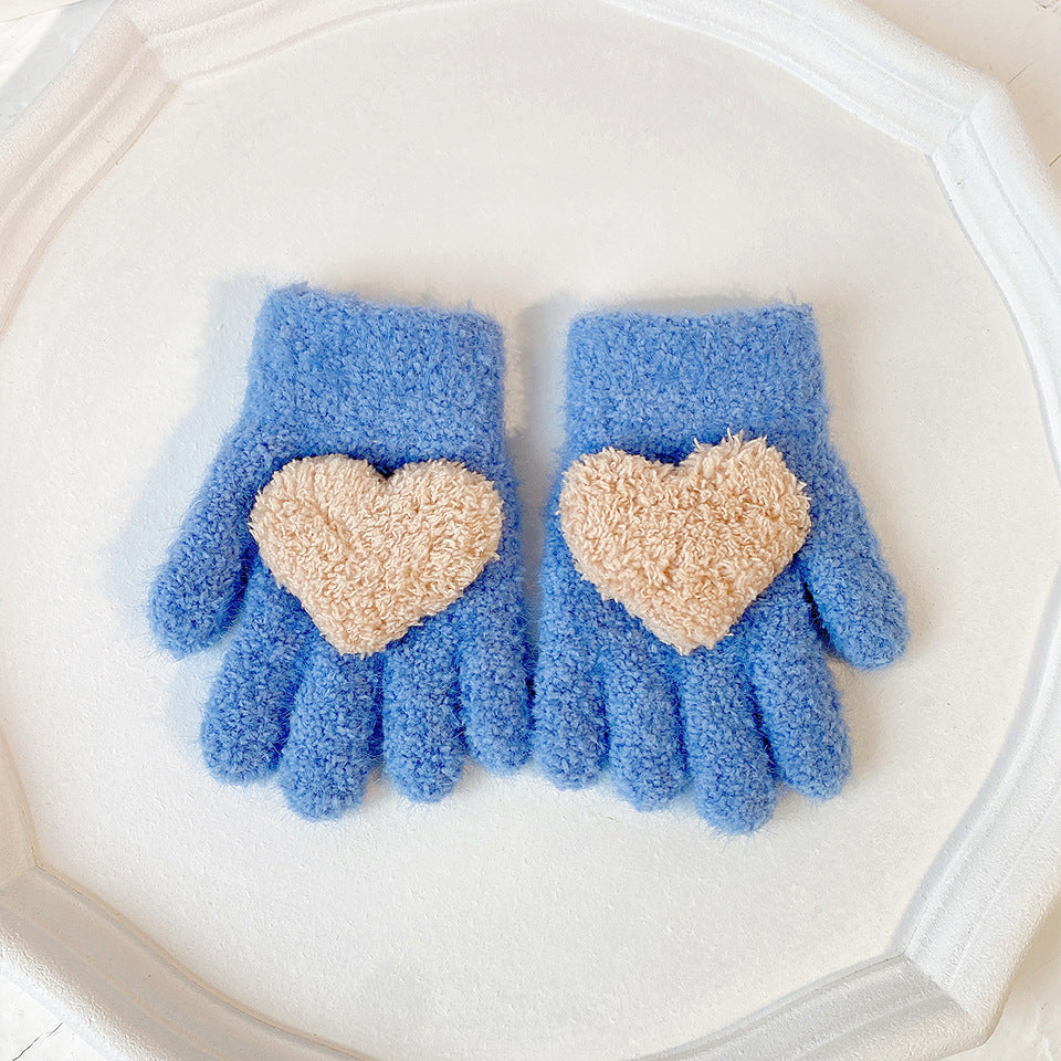 Warm Pure Color Love Children's Gloves for Cold Weather