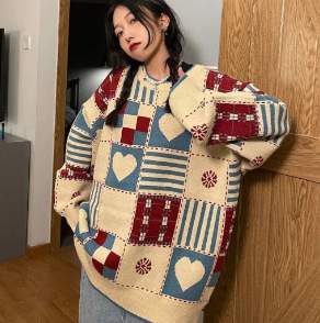 Vintage Heart Checkered Sweater for Couples (One Piece)