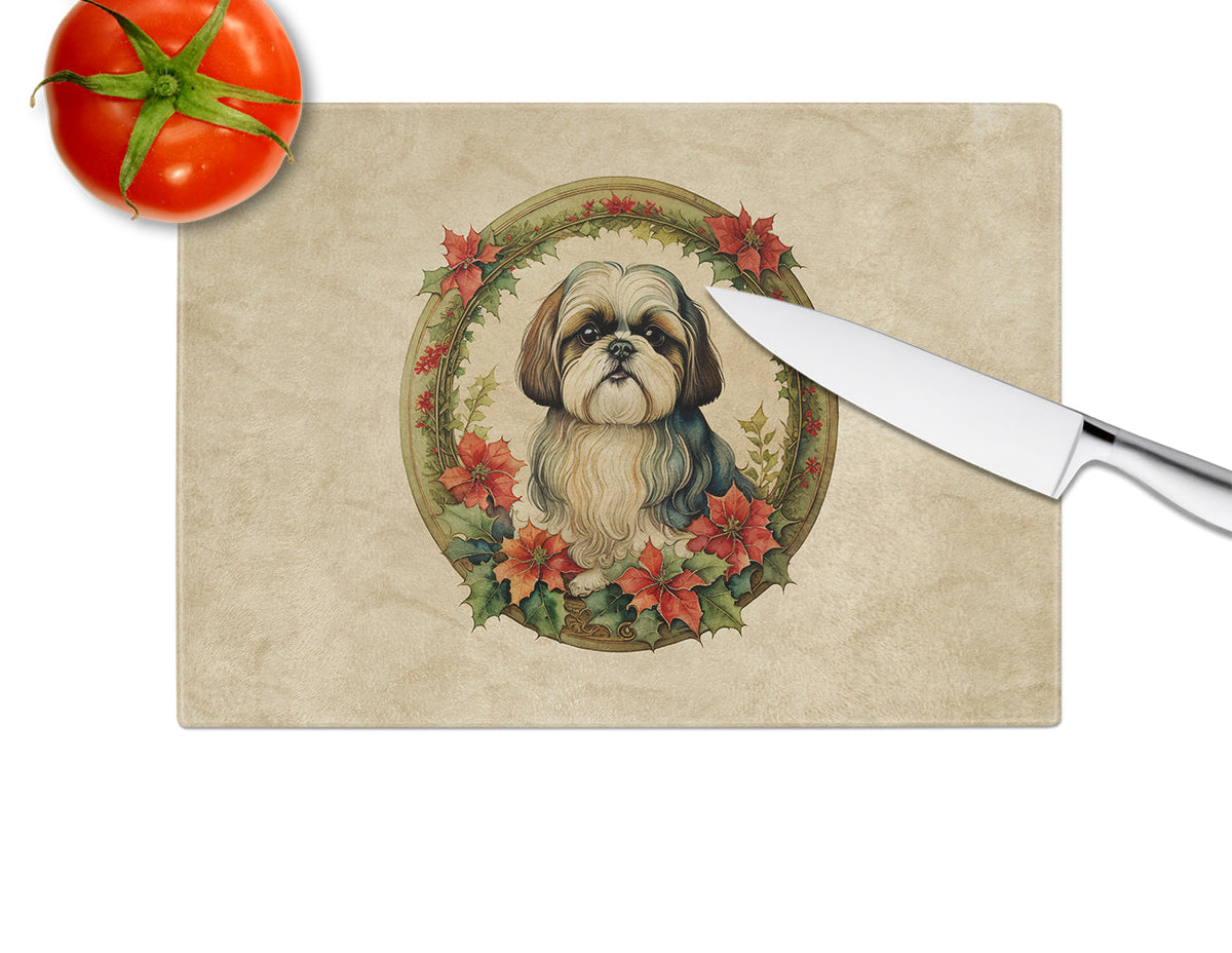 Shih Tzu Christmas Flowers Glass Cutting Board