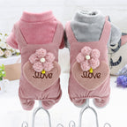 Warm Fleece-Lined Dog Jumpsuit, Cute Corduroy Overall Coat with Flower & Heart LOVE Detail for Small Dogs, Winter Pet Clothes