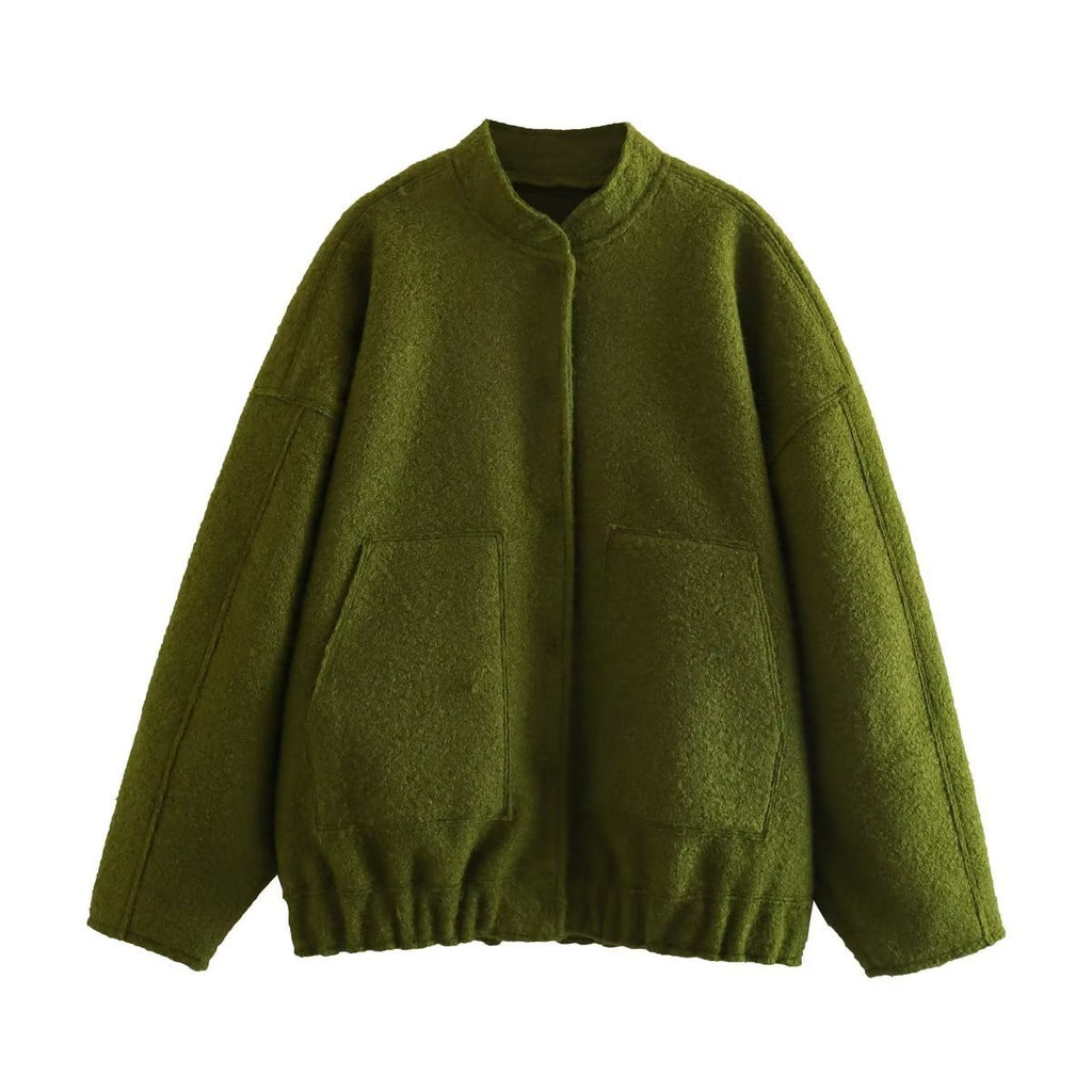 Loose Sleeved Pocket Jacket with Stand Collar