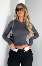 Solid Color Slim-Fit Long Sleeve Women's Casual Pullover Top | Streetwear