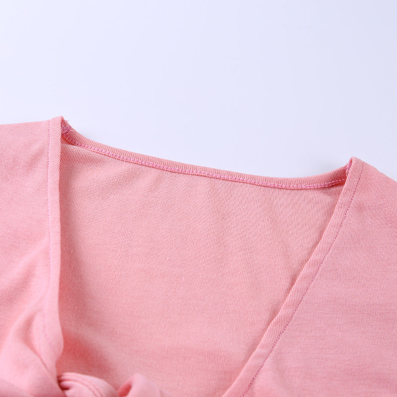 Tie-Front Long-Sleeve Crop Top with Feather Cuffs