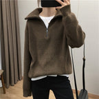 Elegant Large Lapel Zipper Pullover Sweater for Women | Streetwear