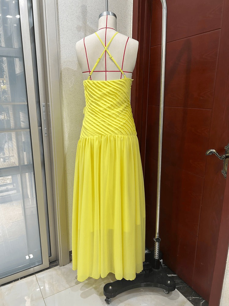 Embroidered Yellow Camisole Maxi Dress