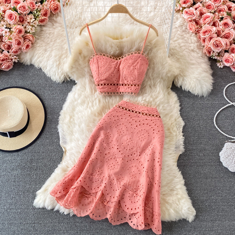 Beach Vacation Set: Backless Crop Top & Ruffled Skirt