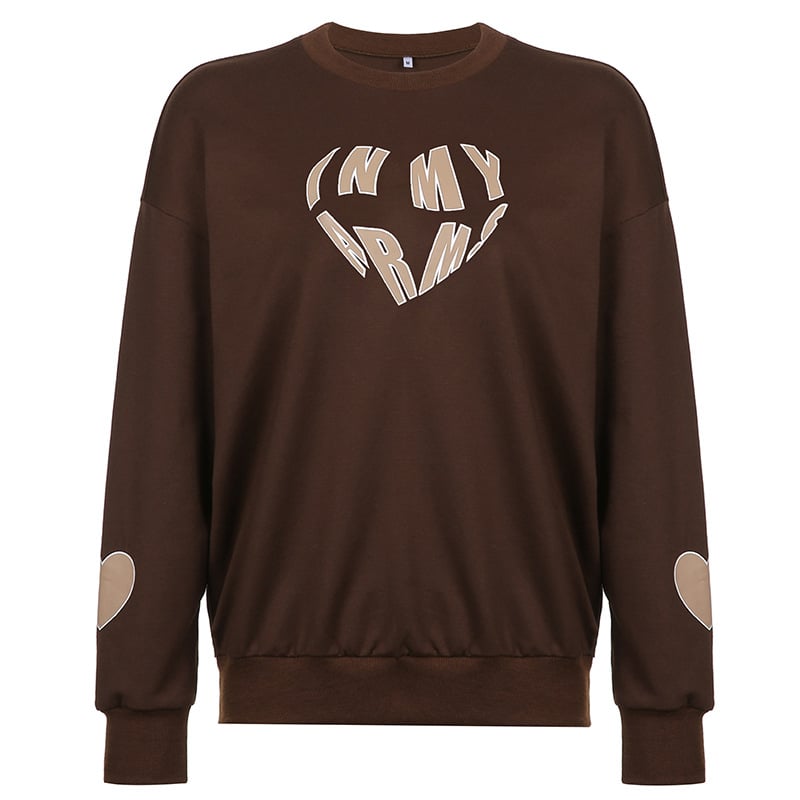 Loose Brown Love Print Crewneck Sweater for Women