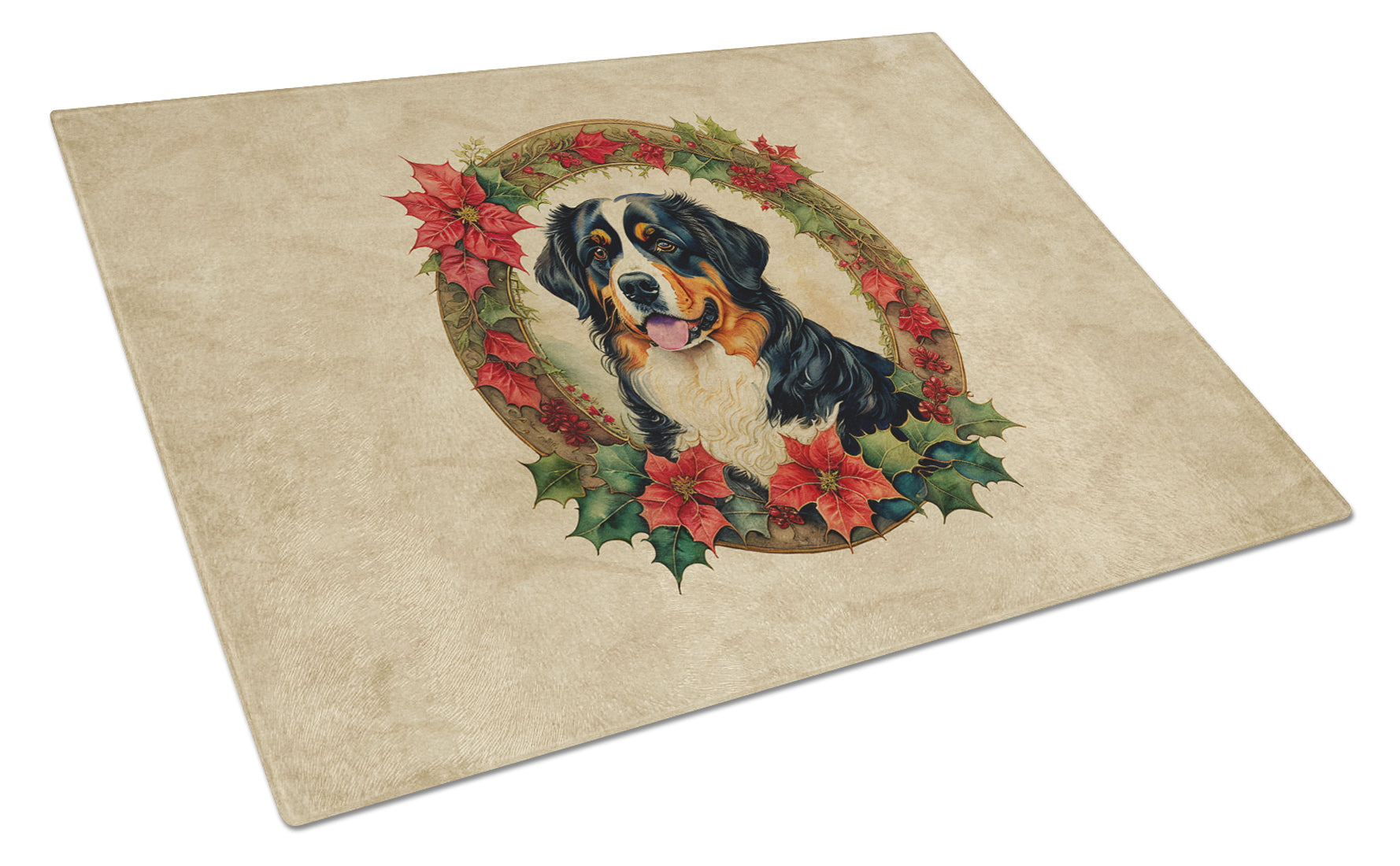 Bernese Mountain Dog Christmas Flowers Glass Cutting Board