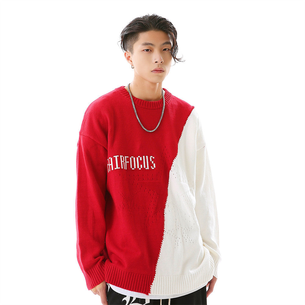 Men's Colorblock Crew Neck Sweater with Letters
