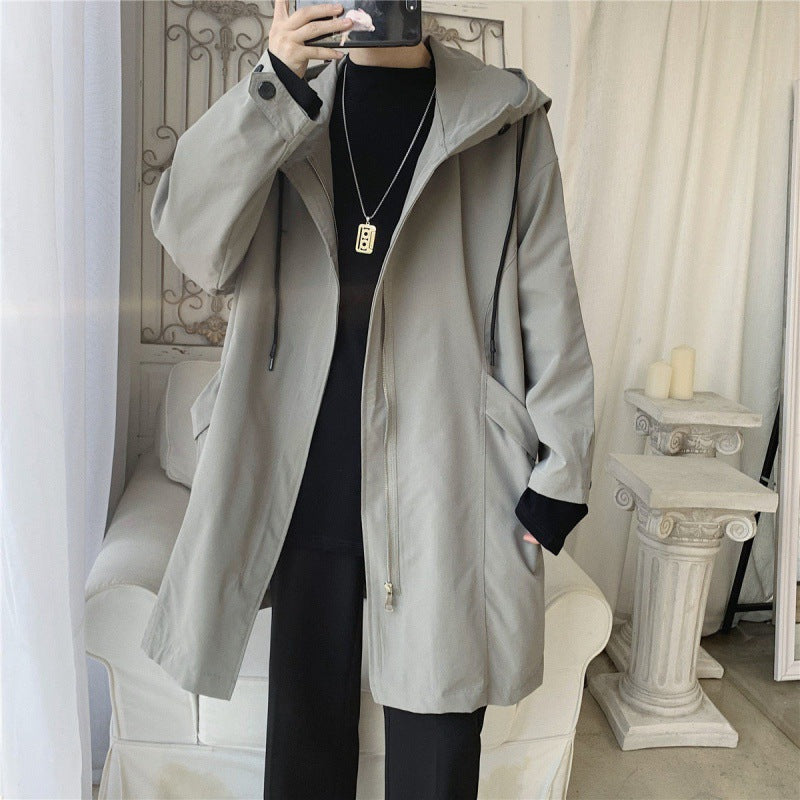 Hong Kong Style Casual Mid-Length Hooded Jacket for Men