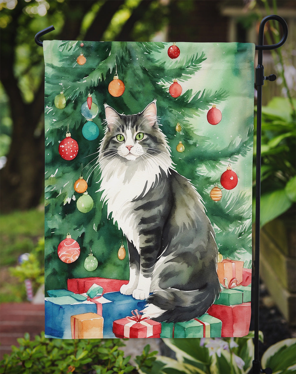 Norwegian Forest Cat By the Christmas Tree Garden Flag