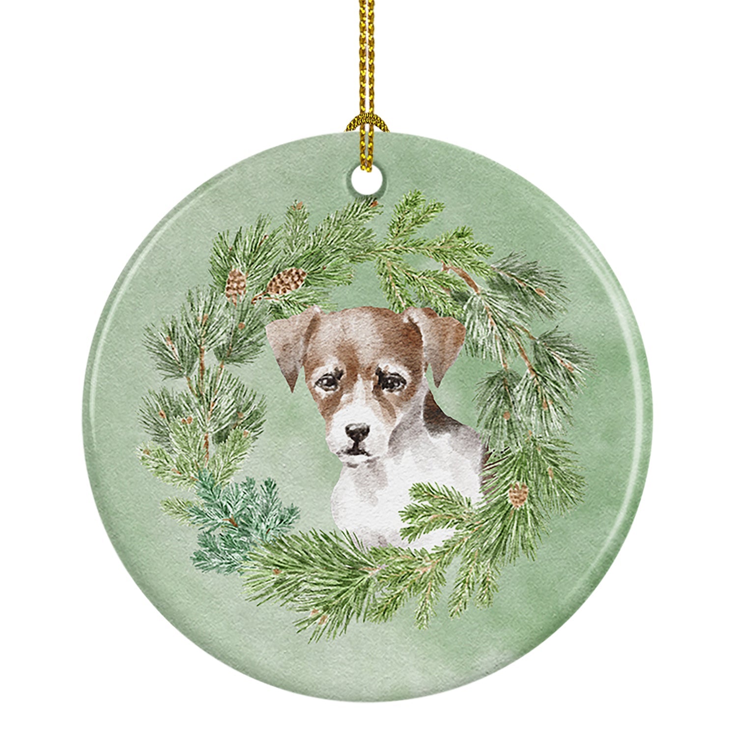 Jack Russell Terrier Puppy Tricolor Christmas Wreath Ceramic Ornament