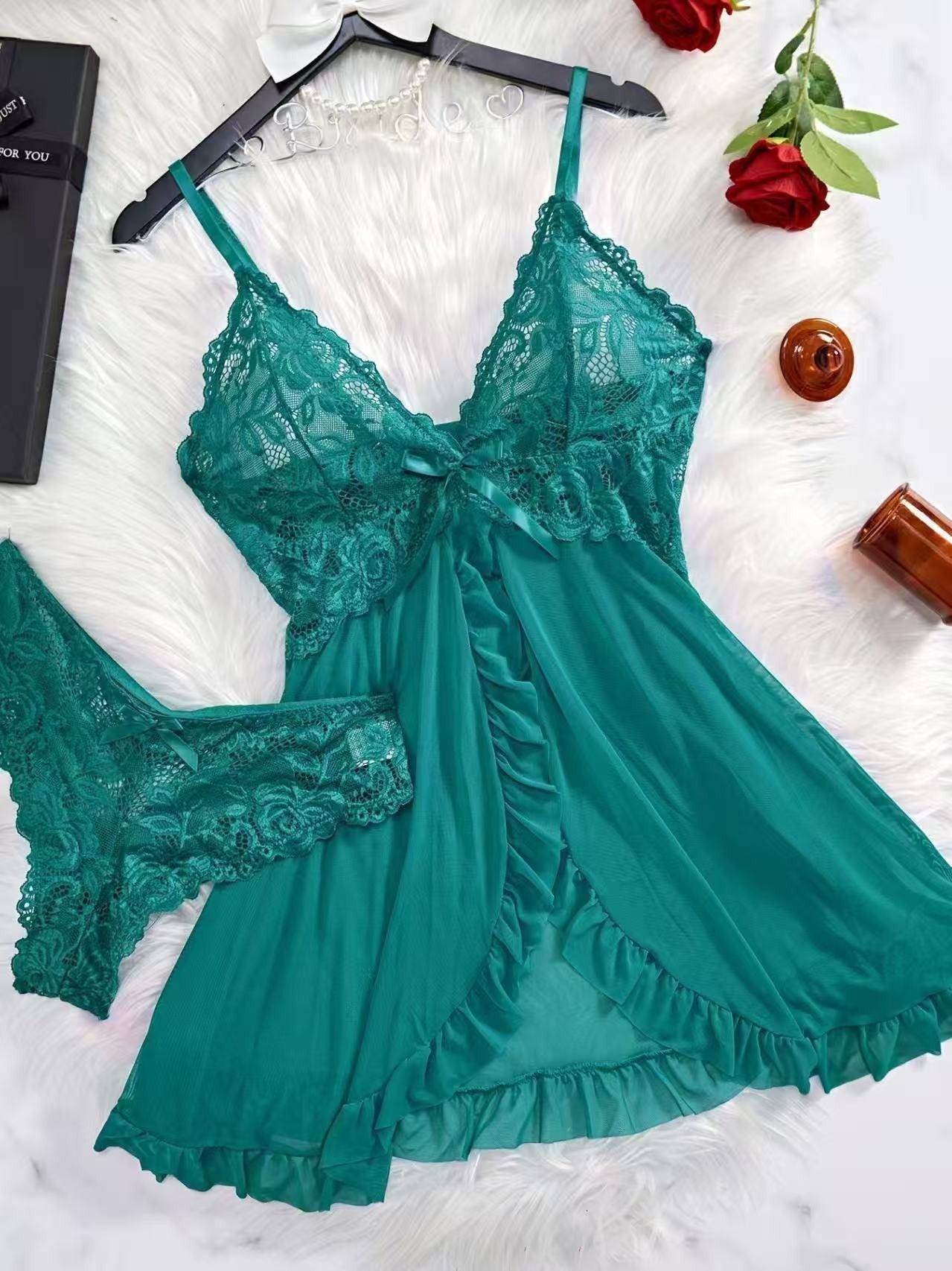 Green Lace V-Neck Camisole and Panty Lingerie Set