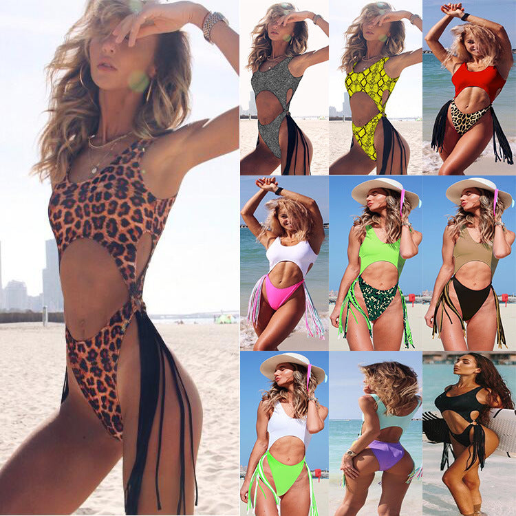 Sexy Hollow Out Steel Ring Tassel One-Piece Swimsuit