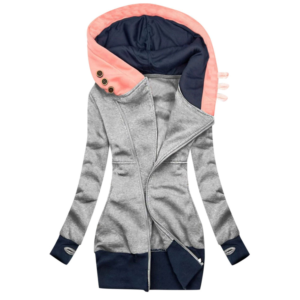 Women's Hooded Long Sleeve Zipper Jacket - Solid Color