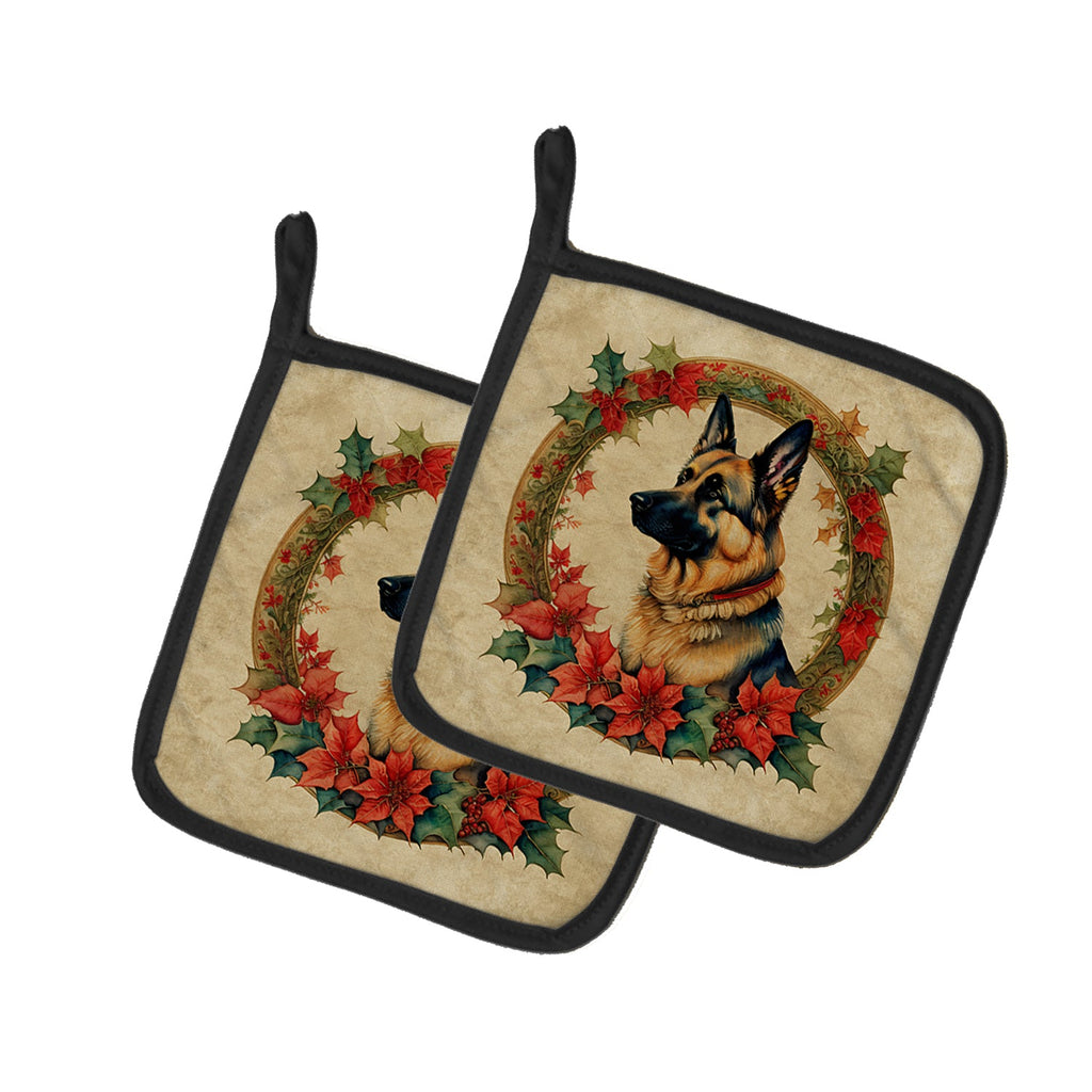 German Shepherd Christmas Flowers Pair of Pot Holders