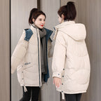 Mid-Length Contrast Color Hooded Down Jacket