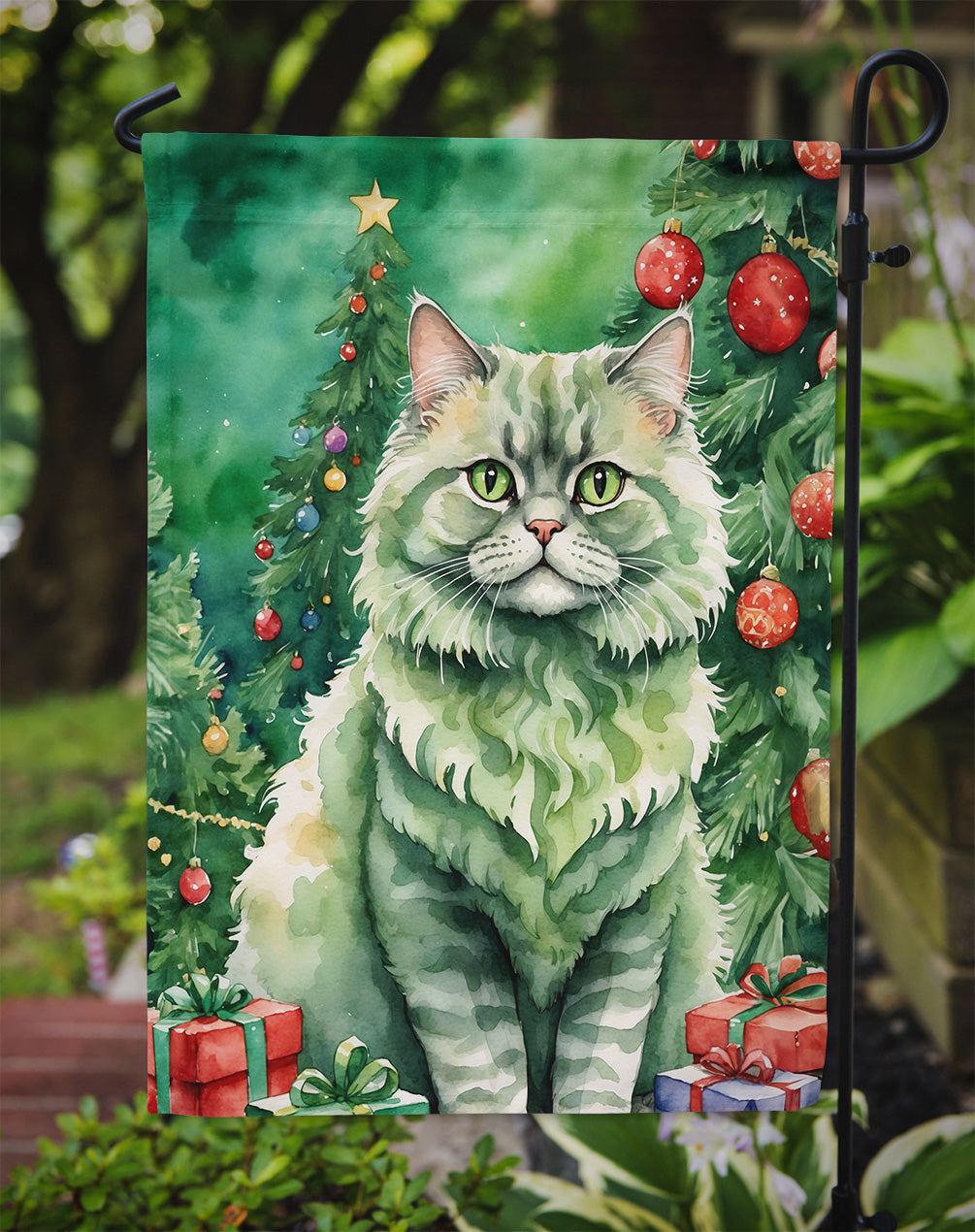 Selkirk Rex Cat By the Christmas Tree Garden Flag