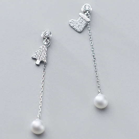 Silver Asymmetric Christmas Tree Boot Earrings