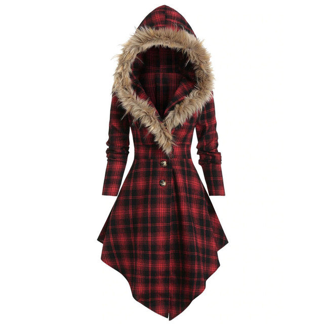 New Women's Winter Plaid Coat with Hood and Belt