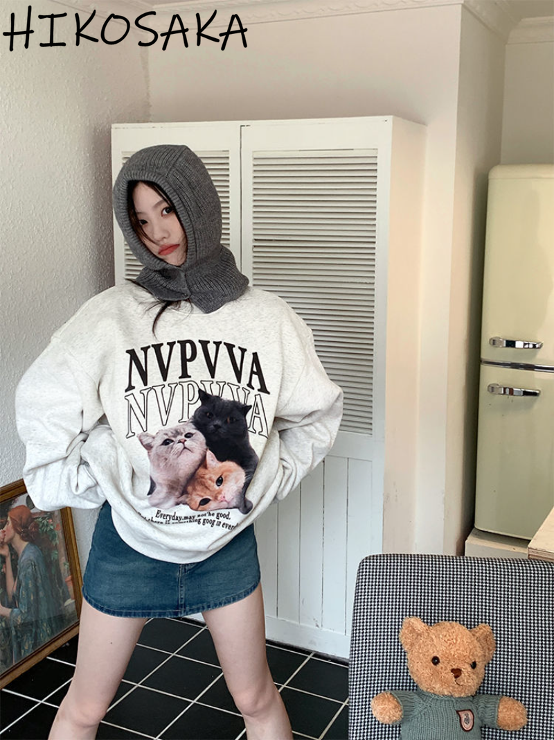 Kawaii Cat Graphic Pullover - Vintage Streetwear Top | Streetwear