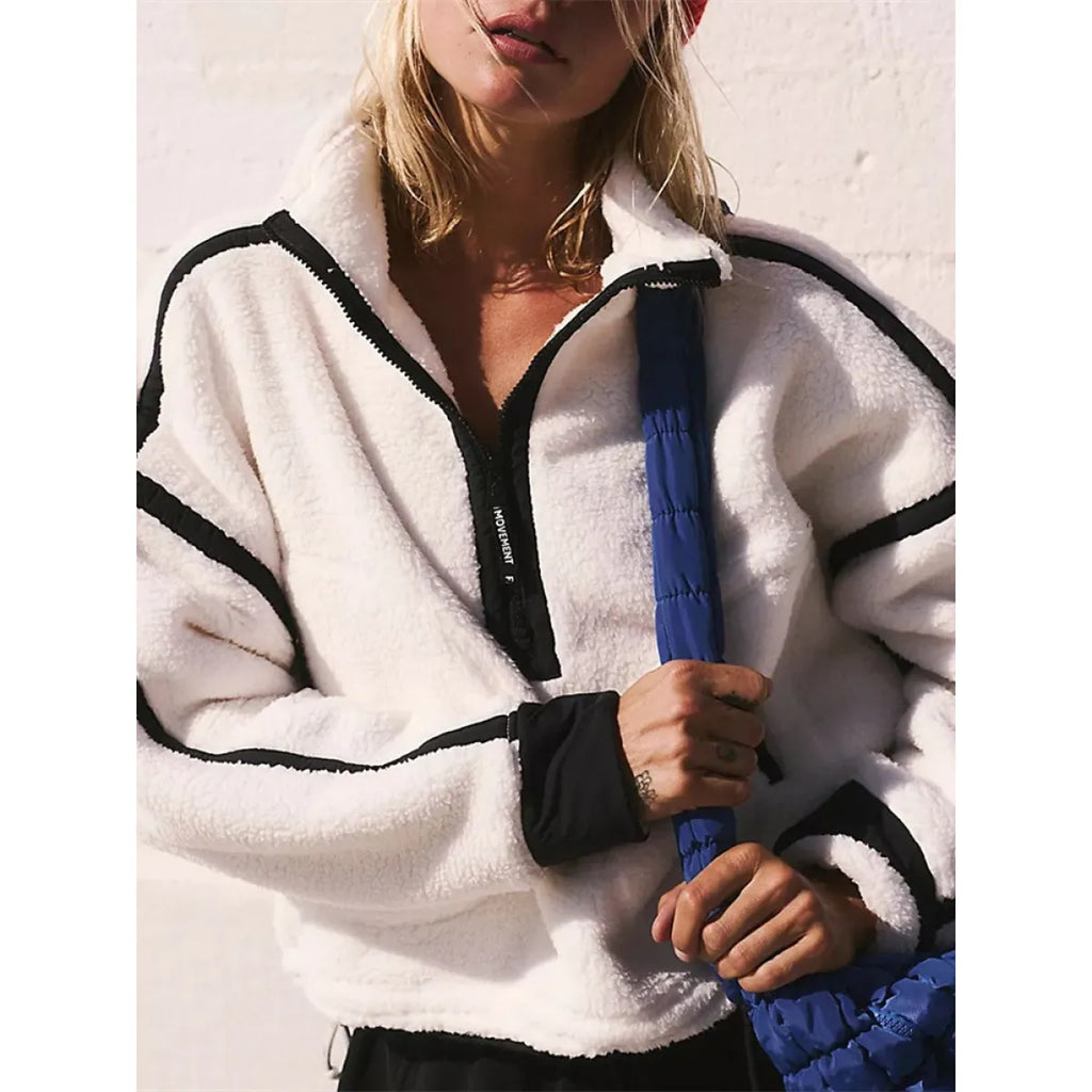 European & American Contrast Color Zipper Lamb Wool Sweatshirt | Streetwear