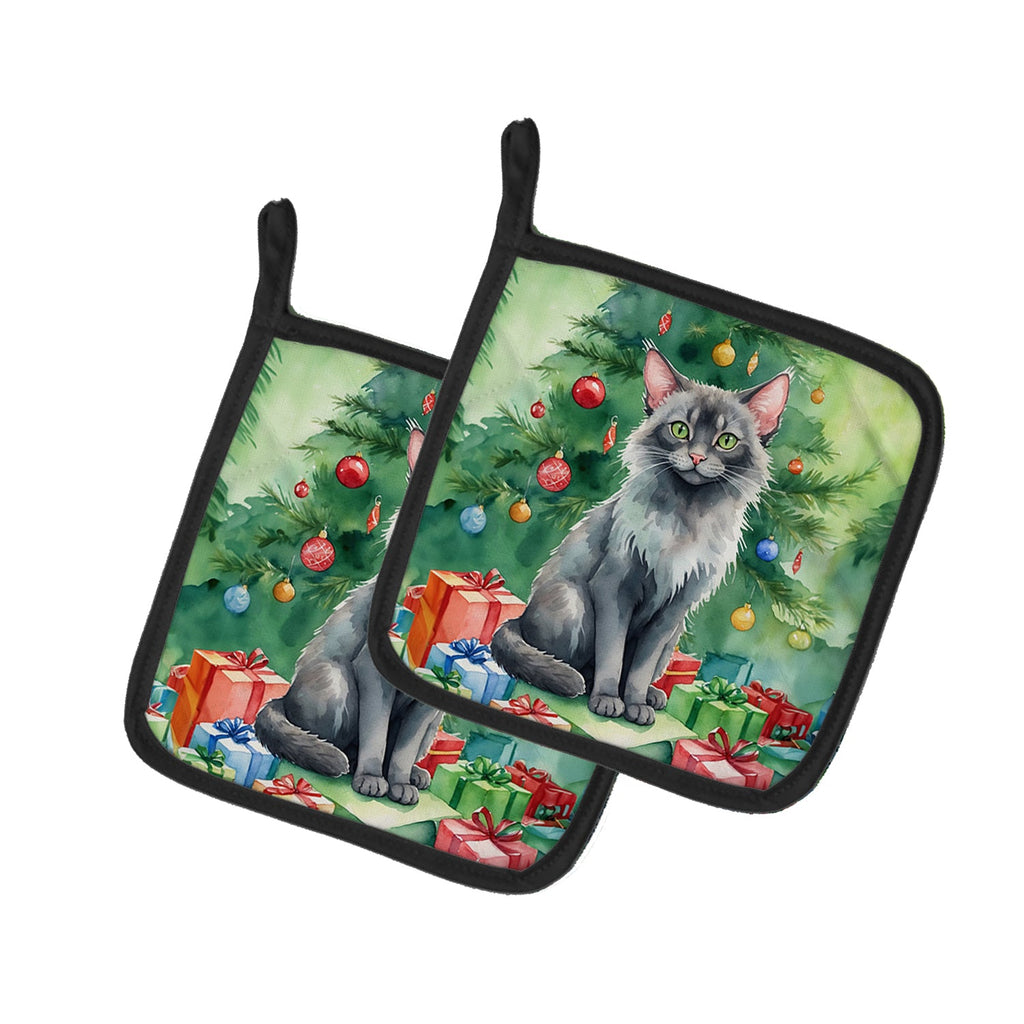 Lykoi Cat By the Christmas Tree Pair of Pot Holders