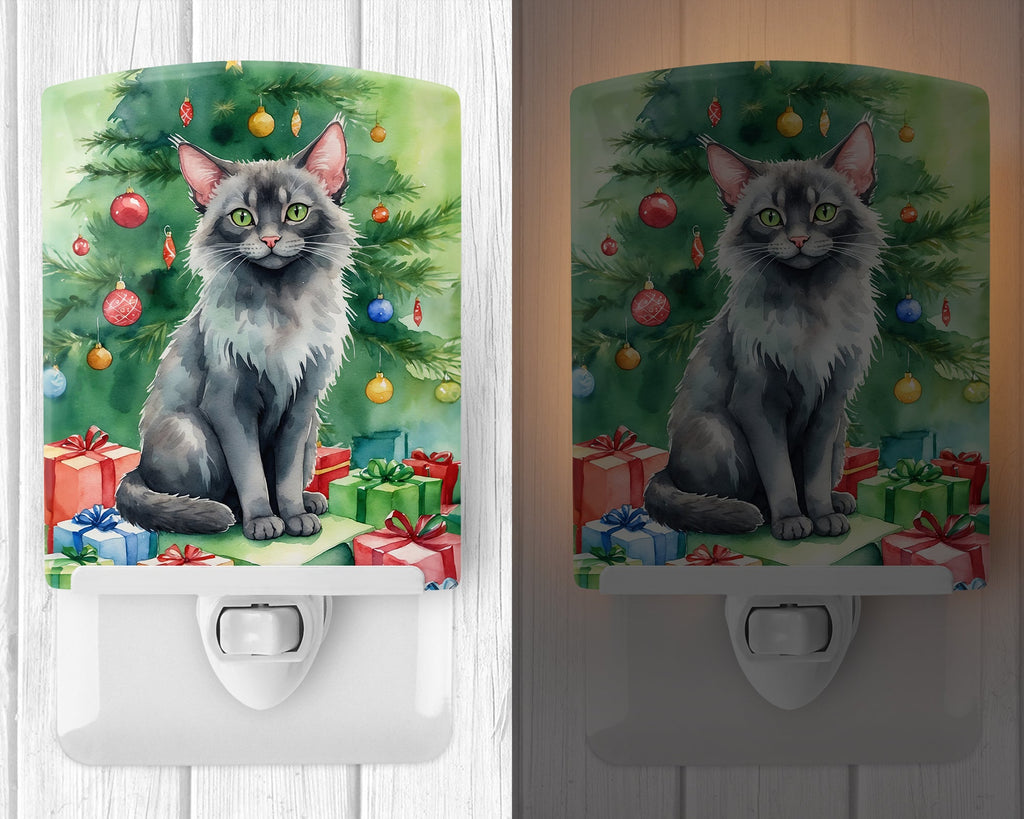 Lykoi Cat By the Christmas Tree Ceramic Night Light