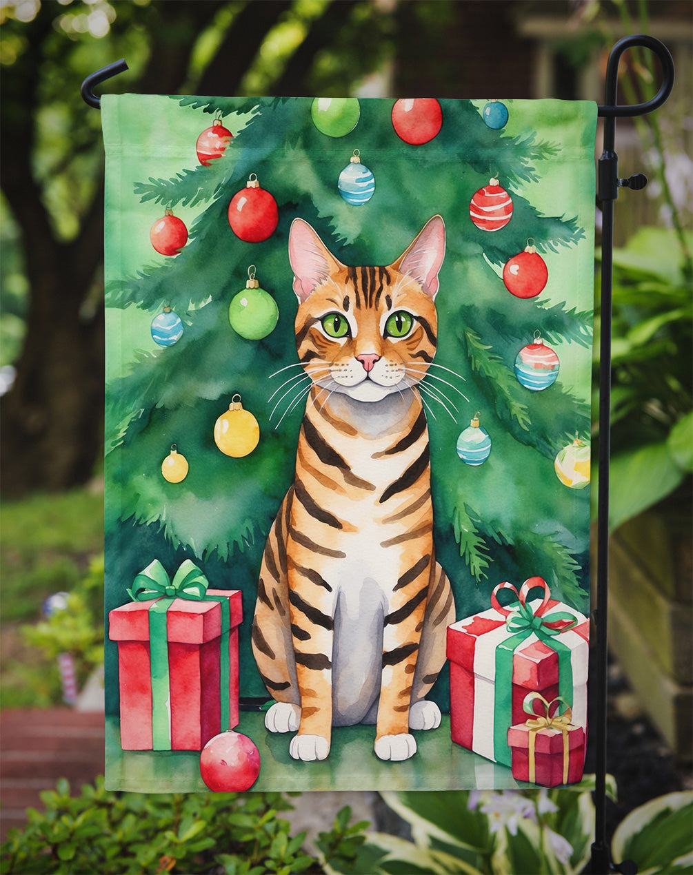 Toyger Cat By the Christmas Tree Garden Flag