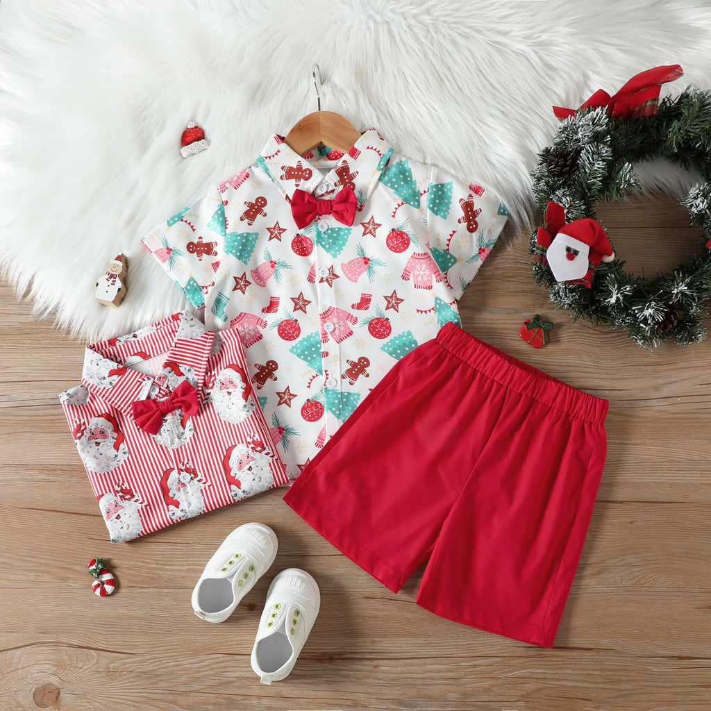 2022 Boys' Christmas Shirt with Bow Tie and Shorts Set