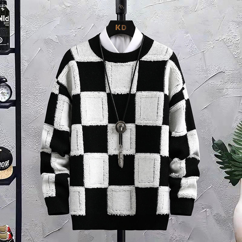 Trendy Plaid Round Neck Sweater for Men