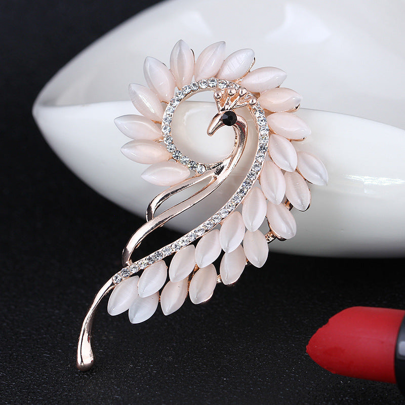 Cat Eye Stone Peacock Brooch with Rhinestones