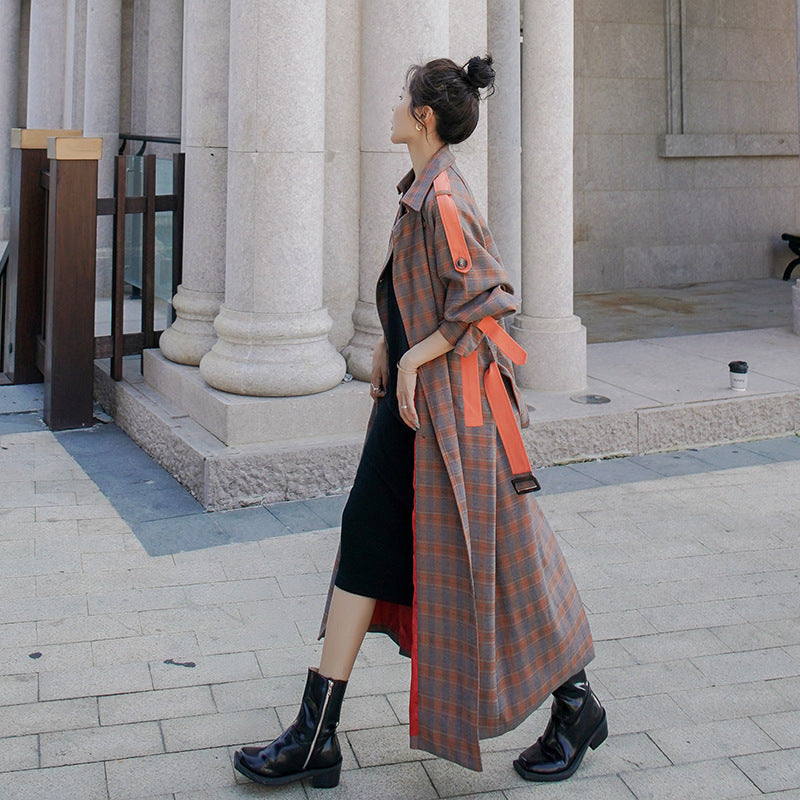 Retro Hong Kong Style Plaid Over-the-Knee Trench Coat
