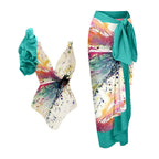 2023 Women's Ruffle Trim Dragonfly Print Swimsuit Set