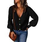 Women's Solid Color Puff Sleeve Knitted Sweater Coat