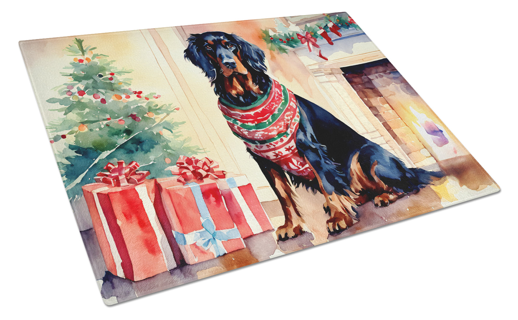 Gordon Setter Cozy Christmas Glass Cutting Board