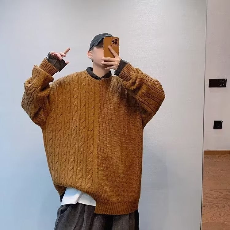 Men's Loose-Fitting Round Neck Cable Knit Sweater