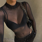 Sheer Mesh Mock Neck Bodysuit for Women