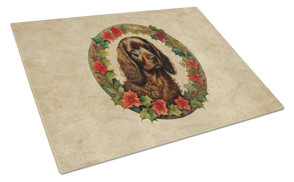 Boykin Spaniel Christmas Flowers Glass Cutting Board