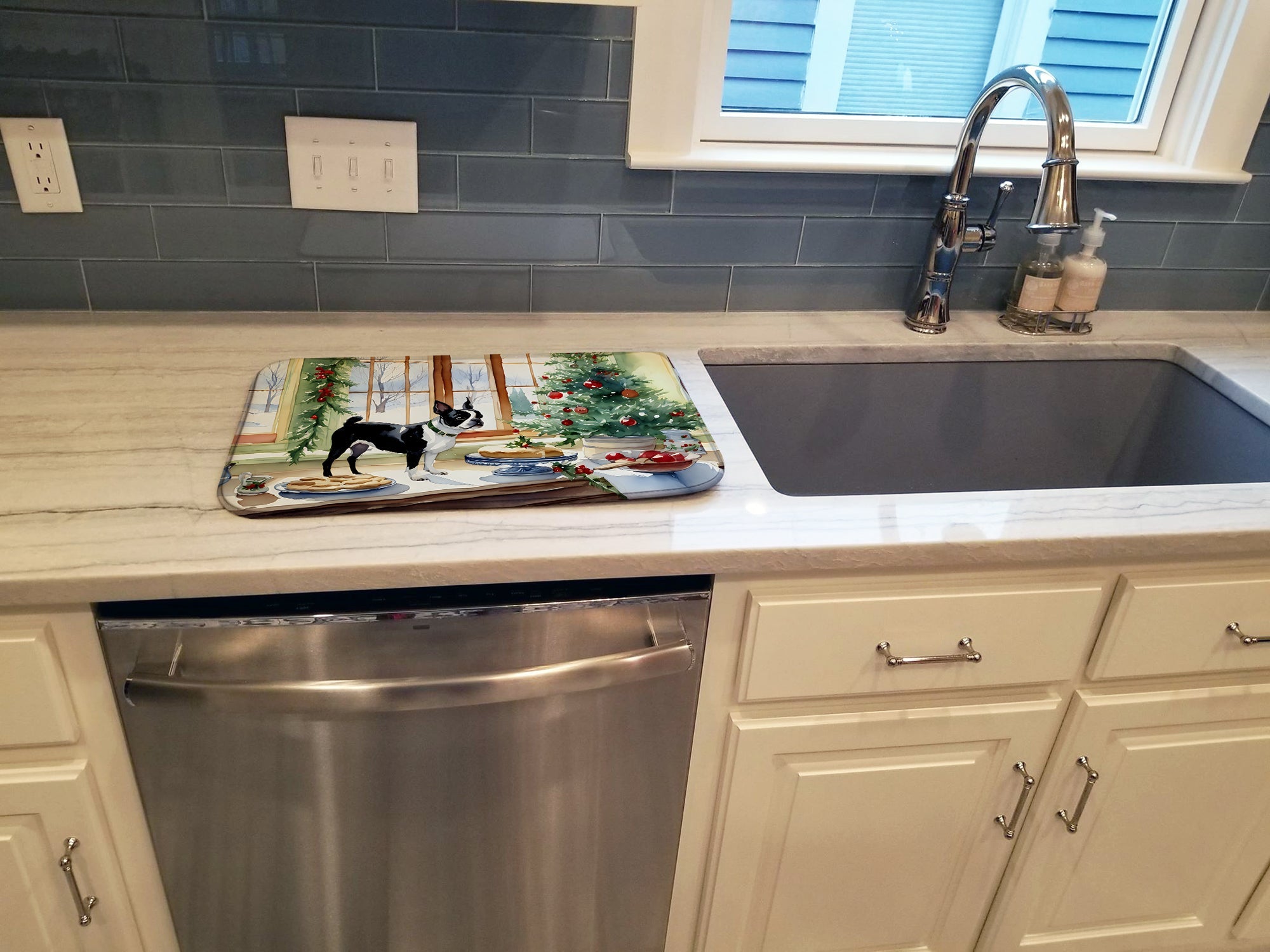 Boston Terrier Christmas Cookies Dish Drying Mat