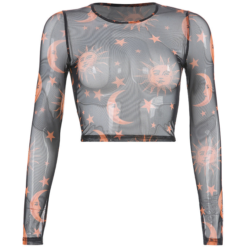 Orange Mesh Long Sleeve Crop Top for Women