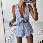 Sleeveless Striped Crop Top & Shorts Set with Bow